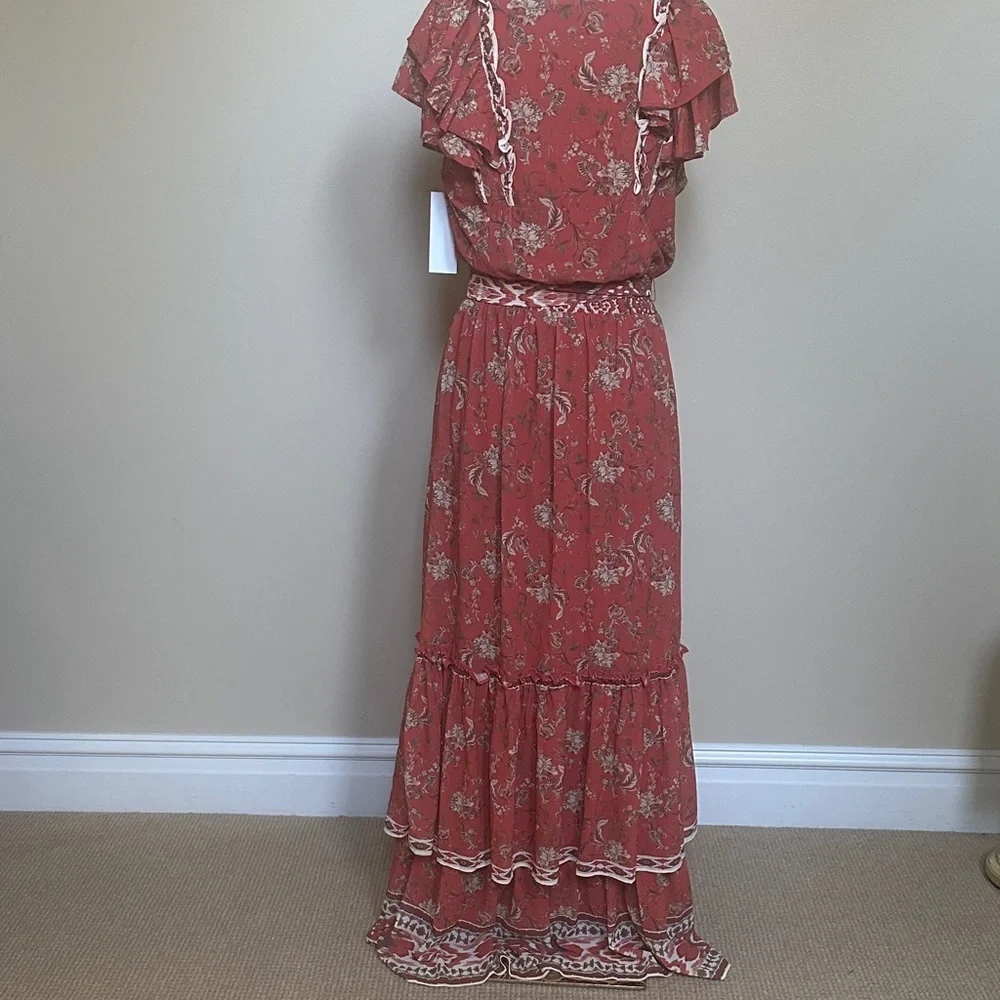 New Aura Rust Floral Ruffle Maxi Dress • Boho Floral Tiered Hem • Size M NWT - Picture 5 of 8